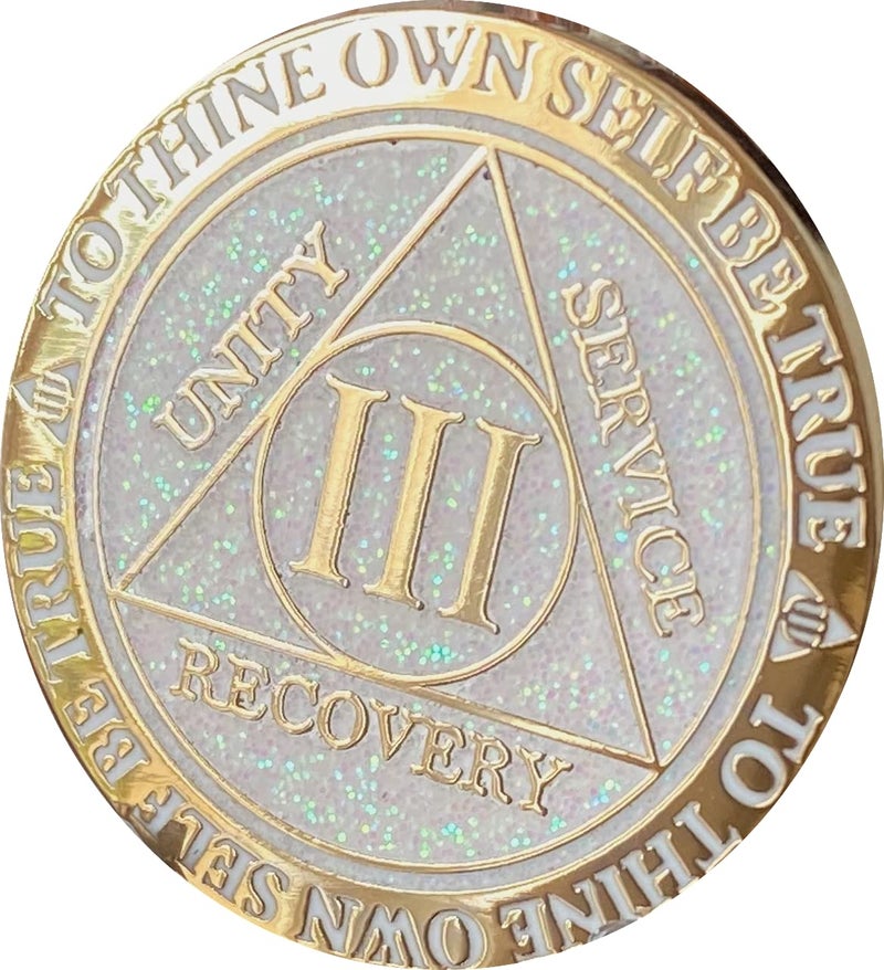 3 Year AA Medallion Reflex White Glitter Gold Plated Color Chip